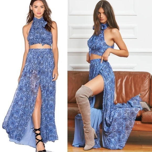 MAJORELLE Taos Skirt in Aztec Print Size Medium Revolve Blue Flowy Silky Slit